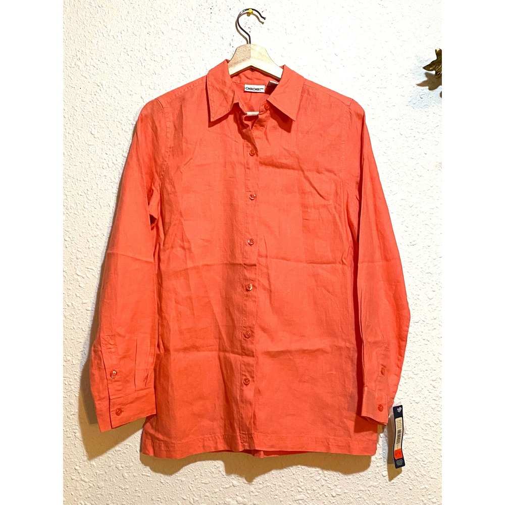 Vtg Cherokee Women Sashimi Coral Orange 100% Linen Button Down Shirt NWT Small